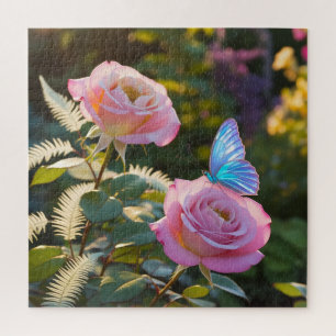 Stunning Pink Roses & Blue Butterfly Jigsaw Puzzle