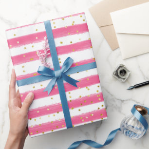 Stunning Pink Stripes And Gold Glitter Girl Party Wrapping Paper