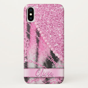 Stunning pinky glitter chain fur  iPhone x case