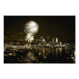STUNNING-Pittsburgh Print-Night w/Fireworks-Sepia Photo Print