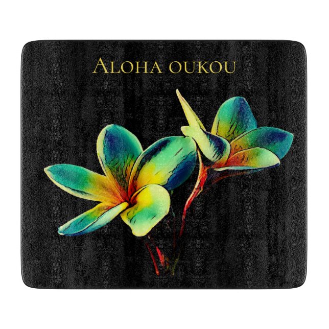 Stunning Plumeria Watercolor Glass Cutting Board (Front)