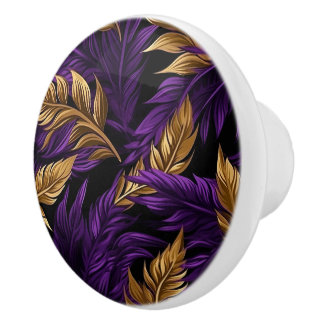 Stunning Purple and Gold Floral Leaf Ceramic Knob
