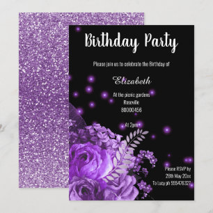 STUNNING PURPLE BLACK FLORAL GARDEN BIRTHDAY INVITATION