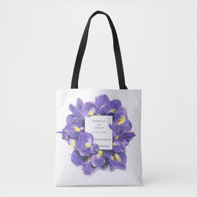Stunning Purple Irises Watercolor Flora Bridesmaid Tote Bag (Front)