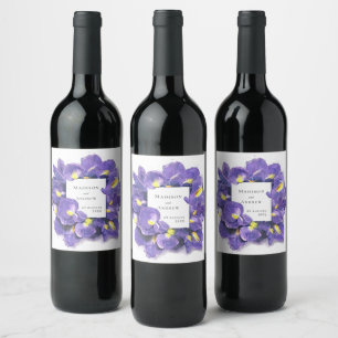 Stunning Purple Irises Watercolor Floral Wedding Wine Label