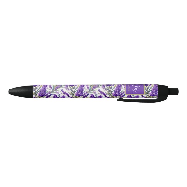 Stunning Purple Lavender Pattern Monogramed Black Ink Pen (Bottom)