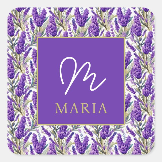 Stunning Purple Lavender Pattern Monogramed Square Sticker (Front)