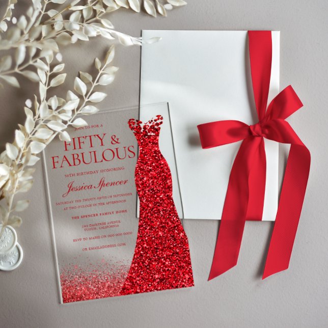 Stunning Red Dress 50th Birthday Party Acrylic Invitations (Creator Uploaded)
