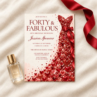Stunning Red Dress Forty & Fabulous 40th Birthday Invitation