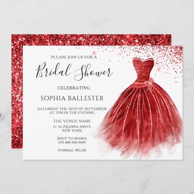 Stunning Red Glitter Gown Dress Bridal Shower Invitation (Front/Back)