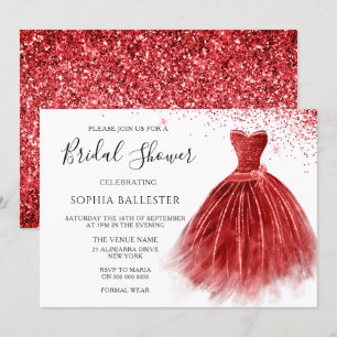 Stunning Red Glitter Gown Dress Bridal Shower Invitation