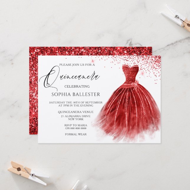 Stunning Red Glitter Gown Dress Quinceanera Party Invitation (Front/Back In Situ)