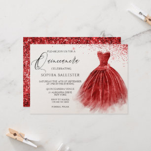 Stunning Red Glitter Gown Dress Quinceanera Party Invitation