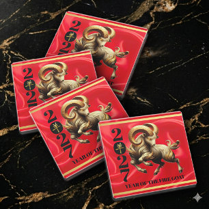 Stunning Red Gold 2027 Year of the Fire Goat Glass Coaster