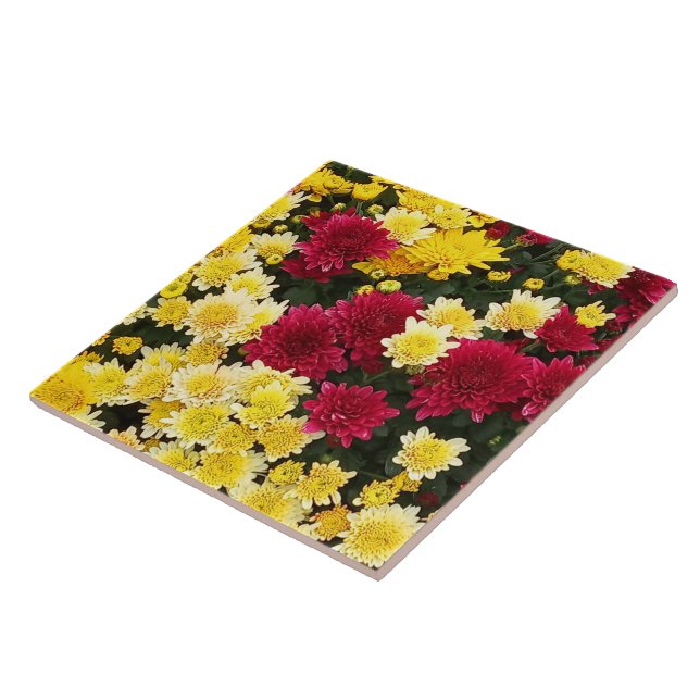 Stunning Red Gold Autumn Chrysanthemum Flowers Ceramic Tile (Side)