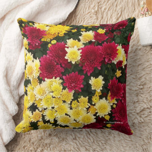 Stunning Red Gold Autumn Chrysanthemum Flowers Cushion