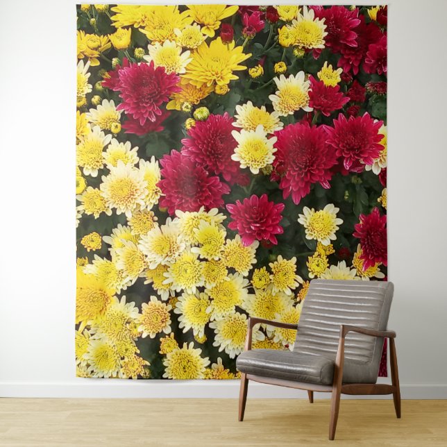 Stunning Red Gold Autumn Chrysanthemum Flowers Tapestry (In Situ)