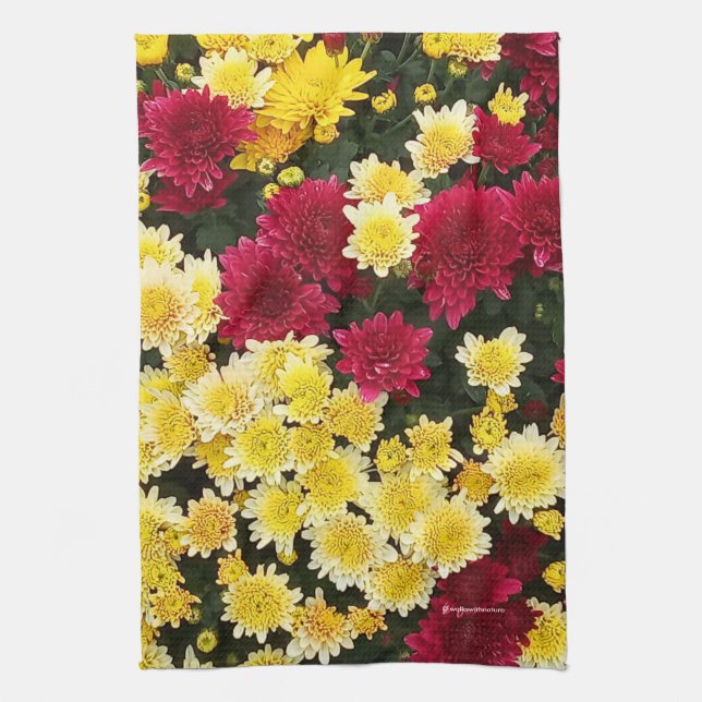Stunning Red Gold Autumn Chrysanthemum Flowers Tea Towel (Vertical)