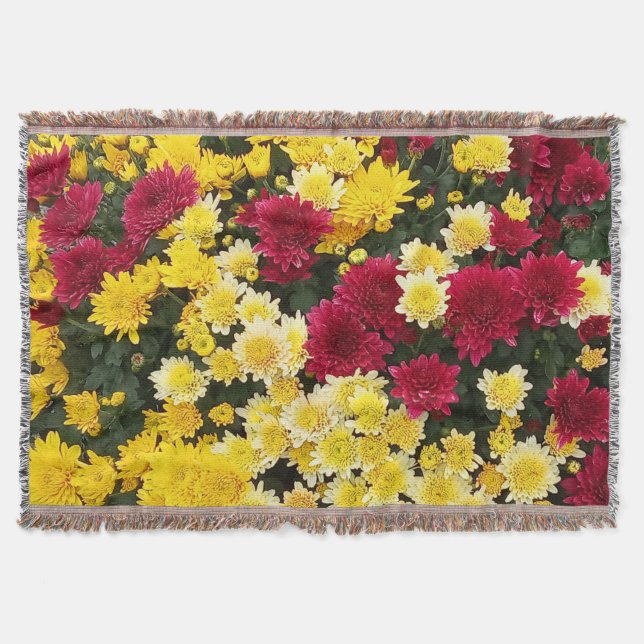 Stunning Red Gold Autumn Chrysanthemum Flowers Throw Blanket (Front)