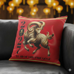 Stunning Red Gold Chinese Year of Fire Goat 2027 Cushion