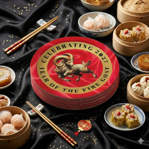 Stunning Red Gold Chinese Year of Fire Goat 2027 Paper Plate