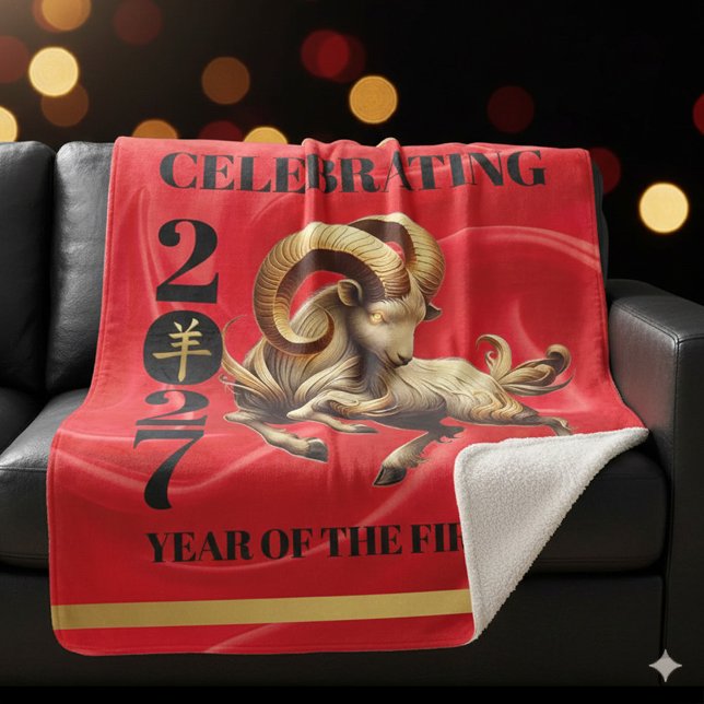 Stunning Red Gold Chinese Year of Fire Goat 2027 Sherpa Blanket (Stunning Red & Gold Chinese Year of the Fire Goat 2027 Large Sherpa Blanket Cover Photo)