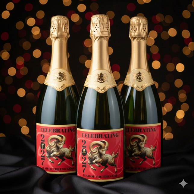 Stunning Red Gold Chinese Year of Fire Goat 2027 Sparkling Wine Label (Stunning Red & Gold Chinese Year of the Fire Goat 2027 Sparkling Wine Labels Cover Photo)