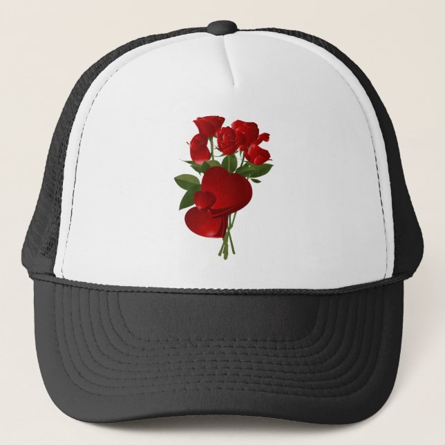 Stunning Red Roses and Hearts Trucker Hat (Front)