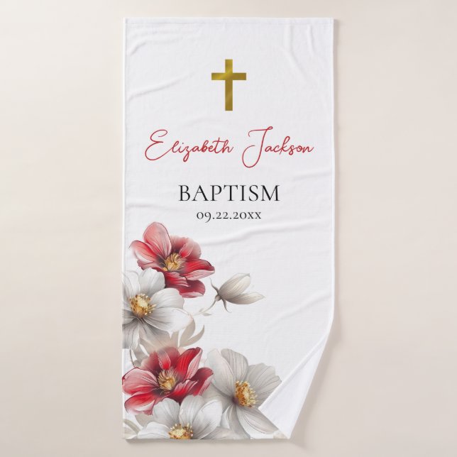 Stunning Red White Flowers Orthodox Baptism Gift   Bath Towel (Bath Towel)