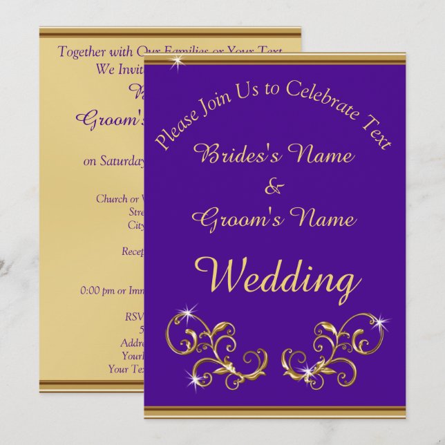 Stunning Royal Purple and Gold Wedding Invitations (Front/Back)