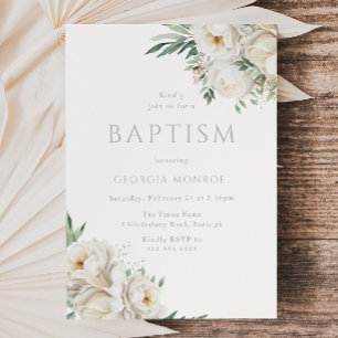 Stunning Sage Leaf & White Floral Baptism Invitation