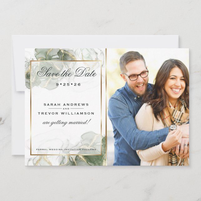 Stunning Sage Photo & QR Code Save the Date Invitation (Front)
