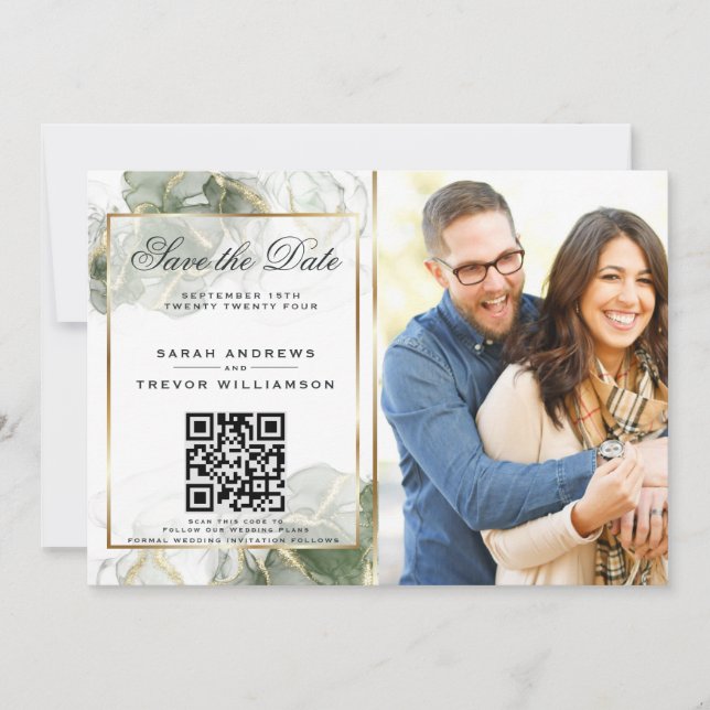 Stunning Sage Photo & QR Code Save the Date Invitation (Front)