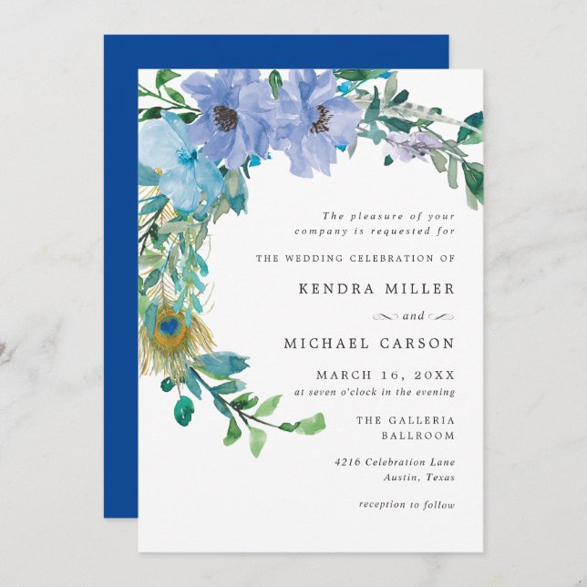 Stunning Sapphire Blue Floral Wedding Invitation (Front/Back)