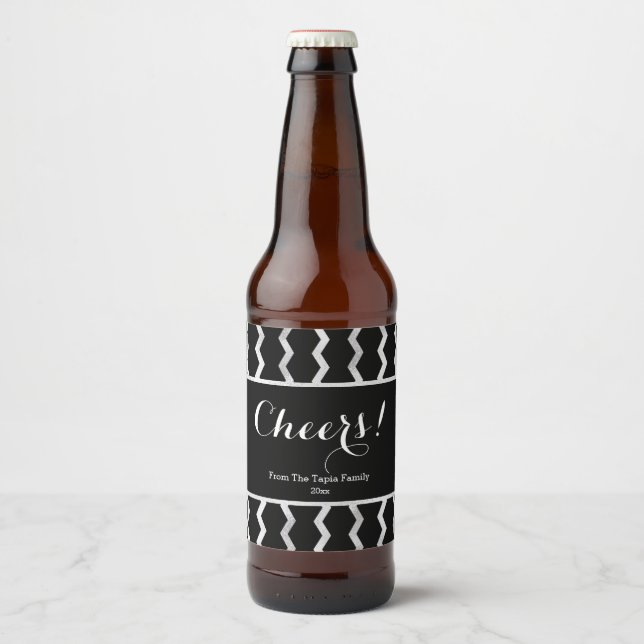 Stunning Silver, Modern Zig-Zag Beer Bottle Label (Front)