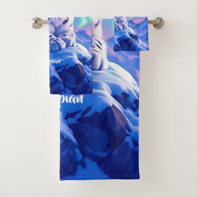 Stunning Snow Leopard on Mountain Rock Bath Towel Set (Insitu)