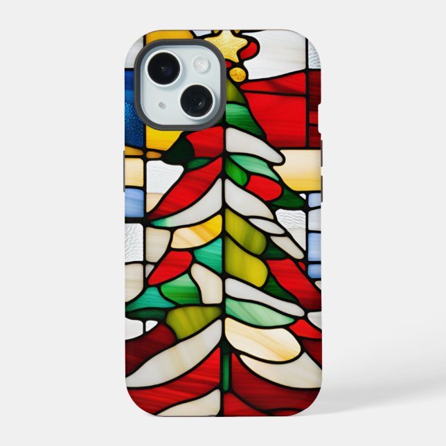 Stunning Stained Glass Christmas Tree Unique iPhone 15 Case (Back)