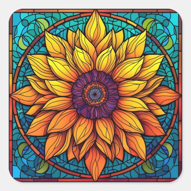 Stunning Stained Glass Flowers Sunflower Square Sticker (Front)