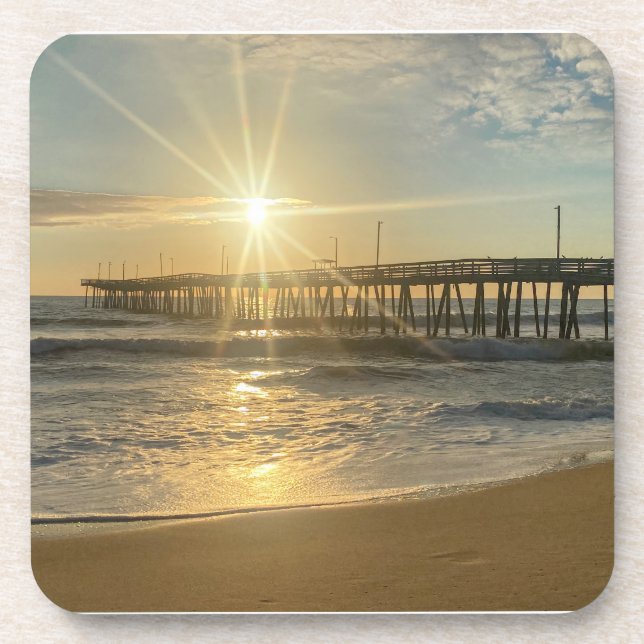 Stunning Sunrise at Virginia Beach Pier – Sunburst Coaster (Front)