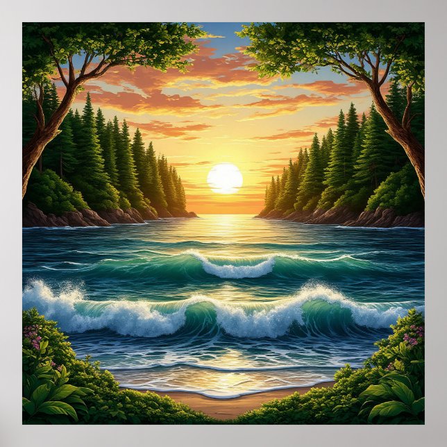 Stunning Sunrise Over Ocean Waves Poster (Front)