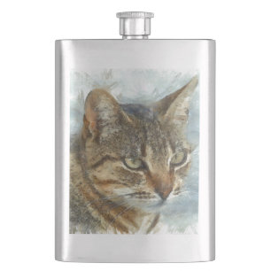 Stunning Tabby Cat Close Up Graphite Pencil Portra Hip Flask