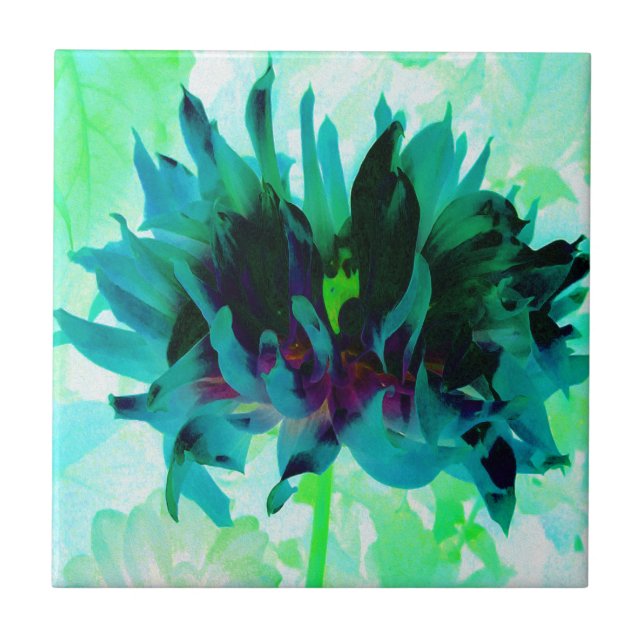 Stunning Teal and Black Cactus Dahlia Ceramic Tile (Front)