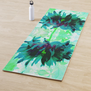 Stunning Teal and Black Cactus Dahlia Yoga Mat