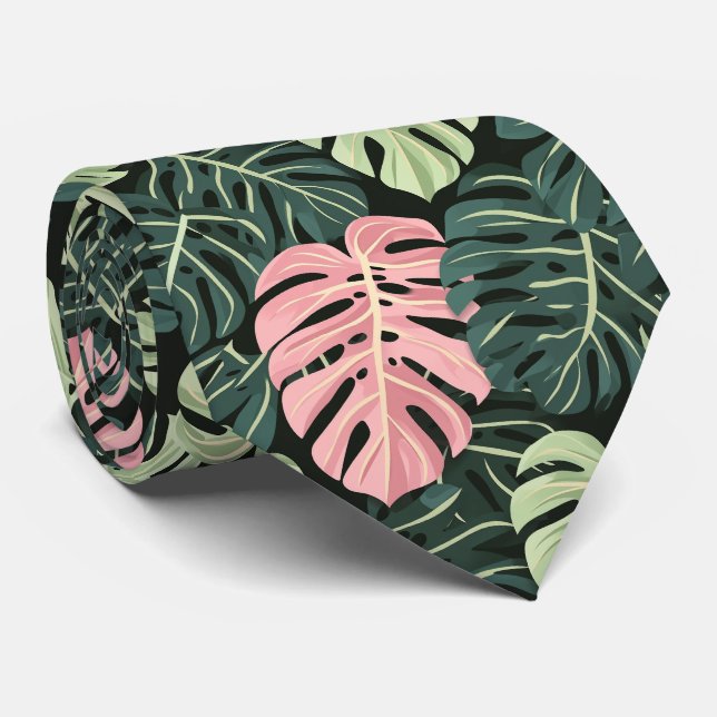 Stunning Tie with Tropical Leaves in Green & Pink (Rolled)