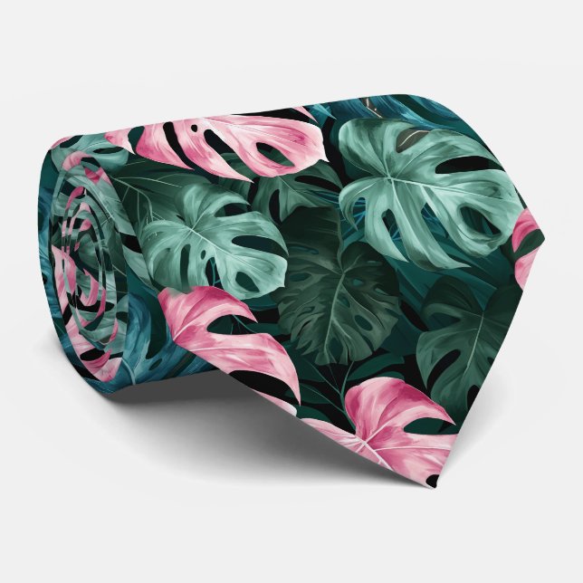 Stunning Tie with Tropical Leaves in Green & Pink (Rolled)