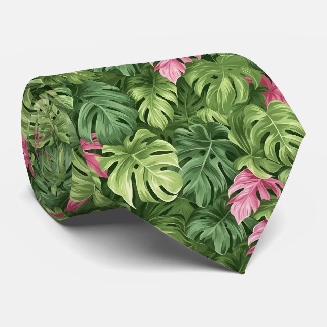 Stunning Tie with Tropical Leaves in Green & Pink (Rolled)