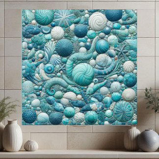 Stunning Underwater Shells Aquamarine Blue Mosaic  Ceramic Tile