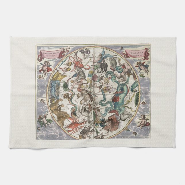 Stunning vintage astrological chart zodiac signs tea towel (Horizontal)