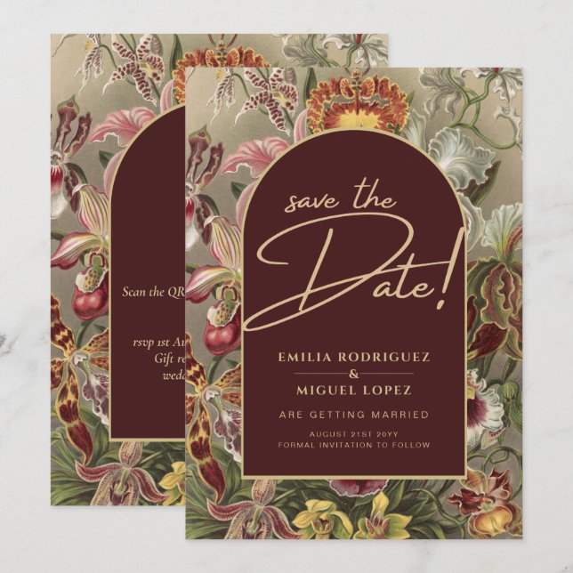 Stunning Vintage Botanical Burgundy Floral Weddin Invitation (Front/Back)