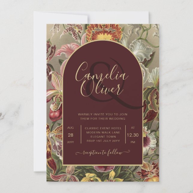 Stunning Vintage Botanical Burgundy Floral Weddin Invitation (Front)